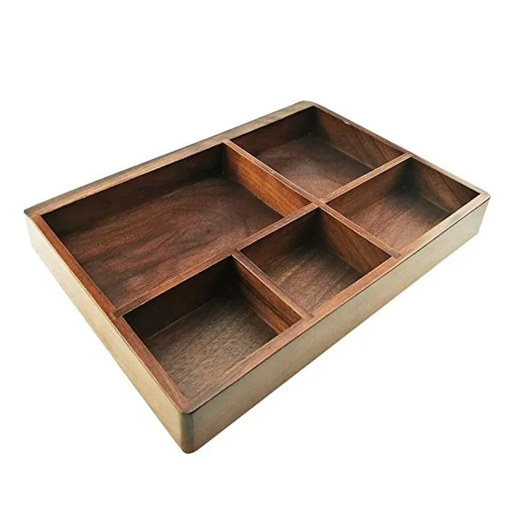 The sell like hot cakes vintage black walnut wooden tray organizer 5 compartment organizer jewelry wooden valet tray
