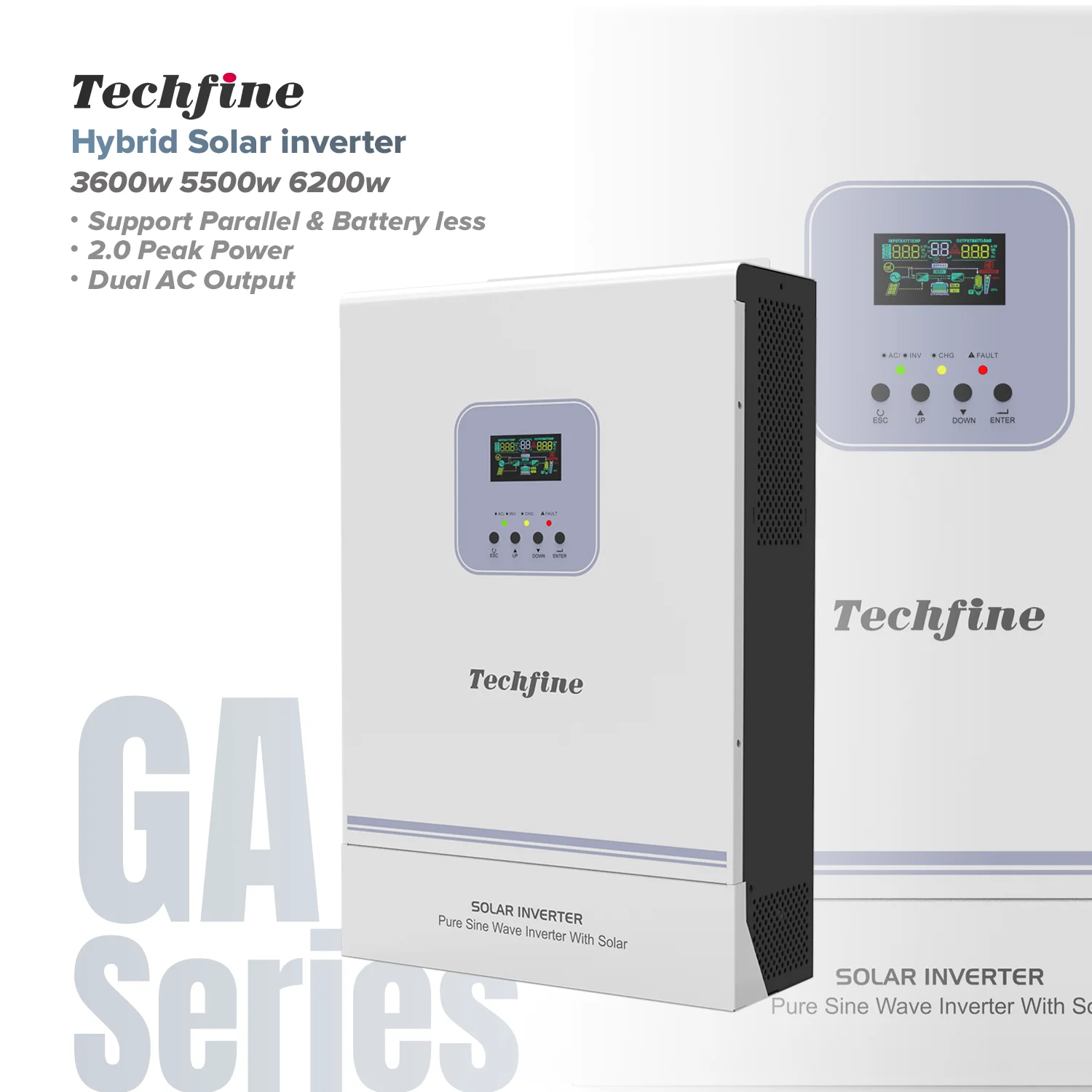 Techfine dual ac output 5.5kw 5KW 6kw 48v 5000w 6000w pure sine wave mppt off grid hybrid solar inverter 5 kw without battery