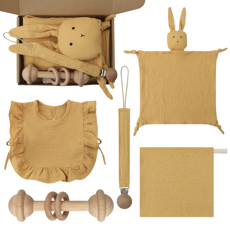 New Born Baby Gift Bracelet Set Crochet Rabbit Wood teethers Teething ring Toy Soft Hair Comb Grasping Holder With Blanket Set