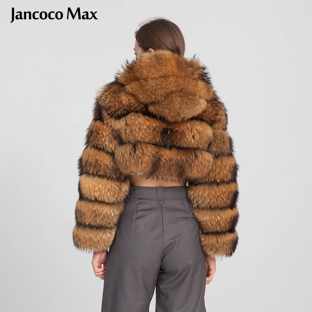 Wholesale Fluffy Fur Fox Coat Custom Color Real Raccoon Cropped Fur Coat Women With Hood for Ladies