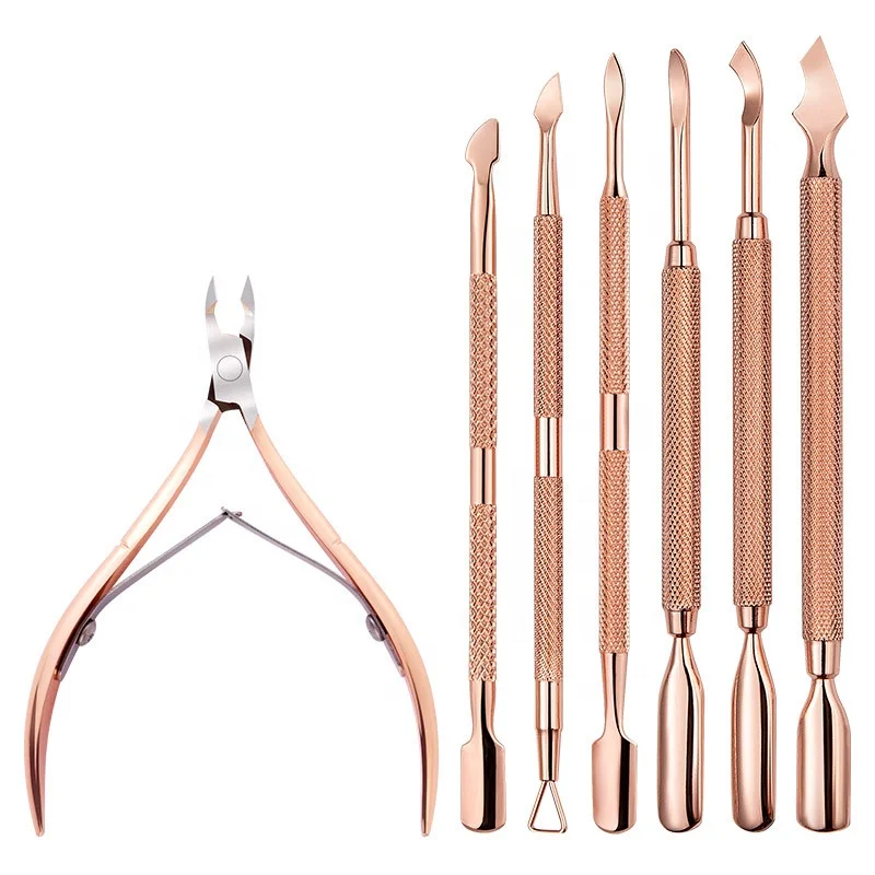 good price Stainless Steel Rose Gold Double-headed Steel Pusher Dead Skin Scissors Polish Remover Gel Manicure Pedicure Nail Care Tools