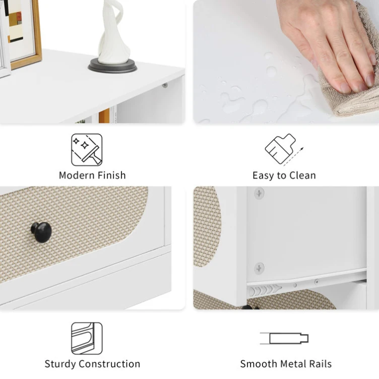 Modern White Wood Wicker Chest Storage Cabinet 6 Drawer Rattan Dresser with Shelves for Bedroom Living Room