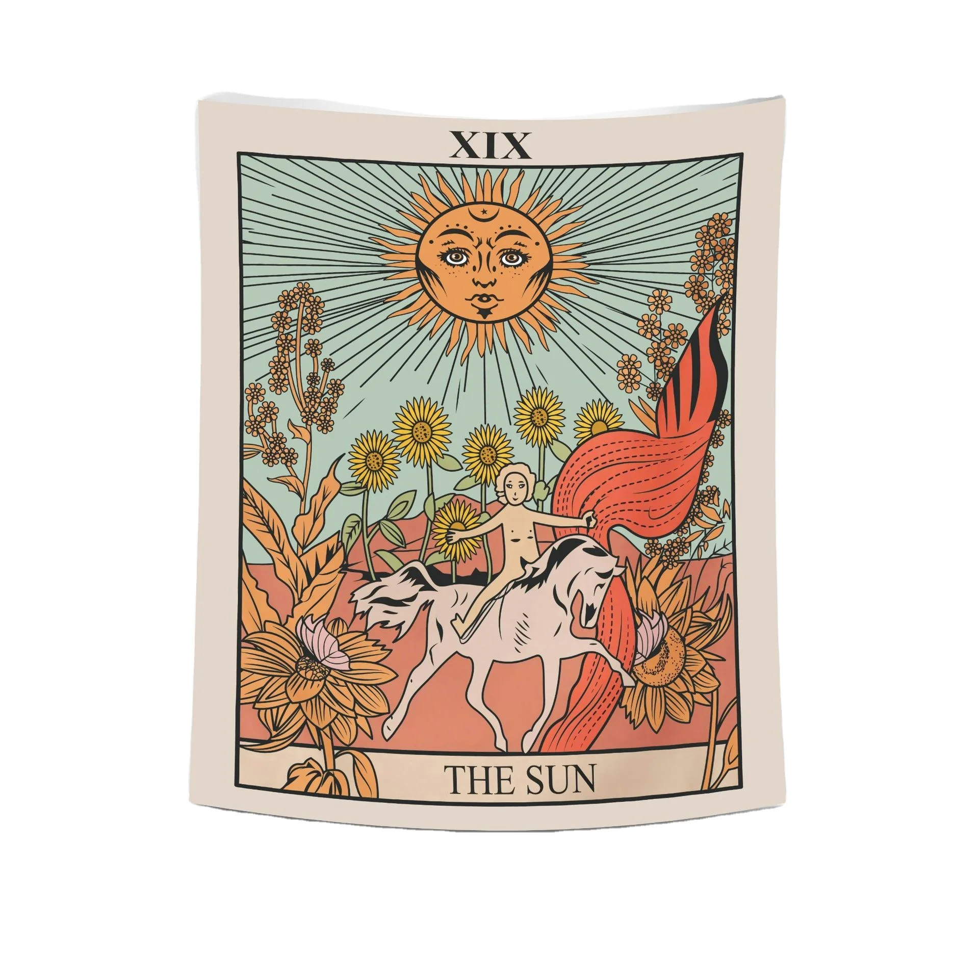 Tarot Card With a Young Child Riding a White Horse With Large Sunflowers and Sun  bedroom astrology  sunflower wall tapestry