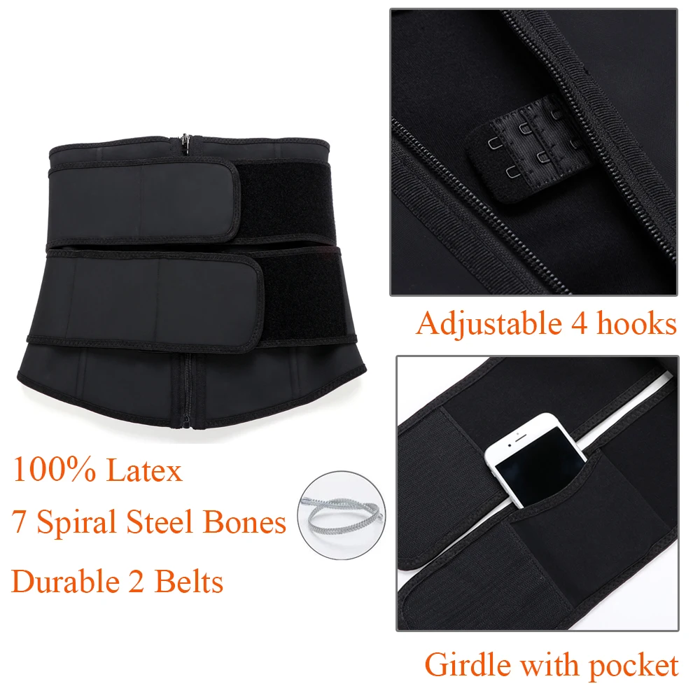 WAISTDEAR Latex Body Shaper Waist Trainer Trimmer Corset Double Waist Belt Cincher Zip Clip Workout Shapewear Slimming