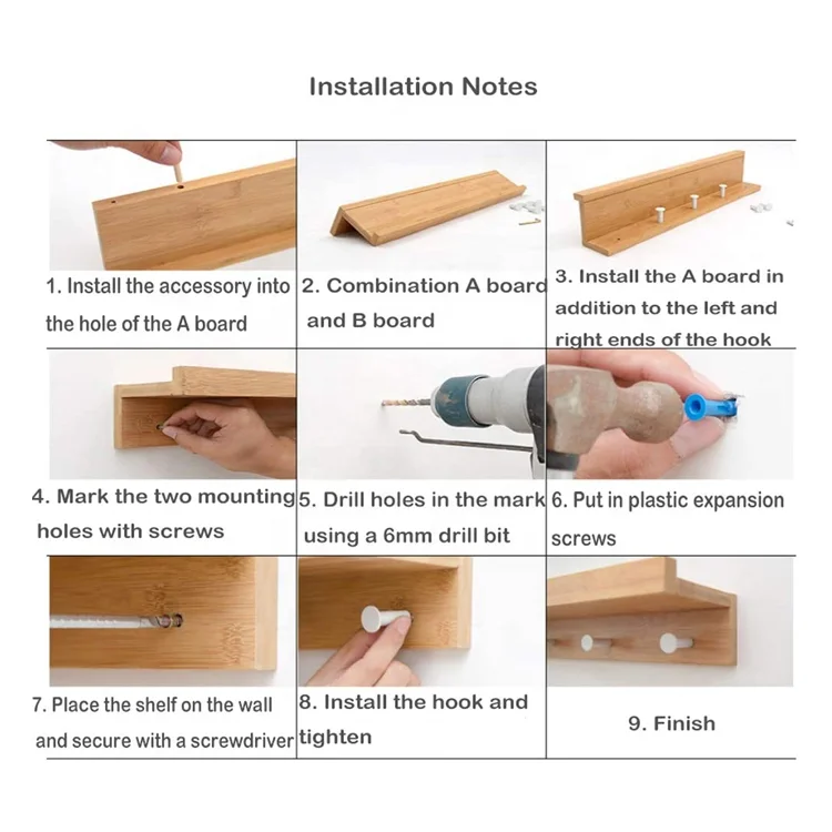 Wall Floating Shelf Bamboo Wood Floating Shelves Storage Display Racks With Hooks For Home Decor
