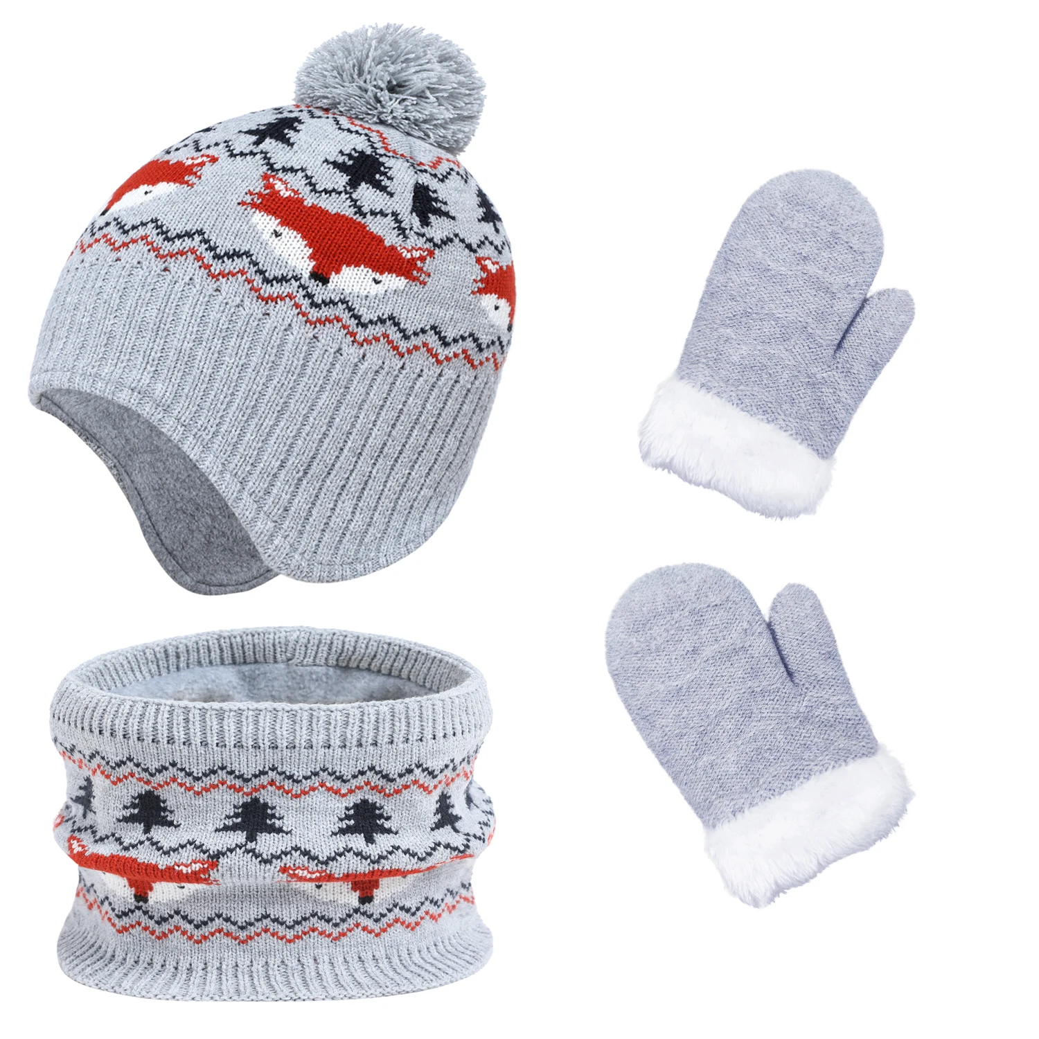 Jacquard Cute Animal Pattern Baby Scarf Hat Gloves Set For Kids Warm Hats PomPom Knitted Winter Beanie Scarf hats
