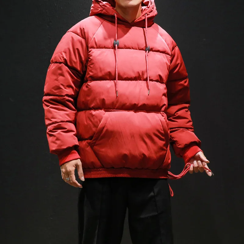 
Hot Winter Thick Loose Waterproof Sidekick Nylon Plain Black Kangaroo Pocket Windbreaker Pullover Puffer Jacket Down Hooded Men 
