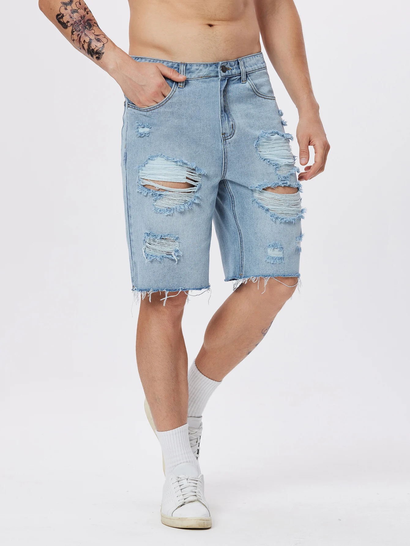 HOT SELLING RELAXED FIT DISTRESSED DENIM SHORT LOOSE FIT MULTI RIP DENIM SHORT