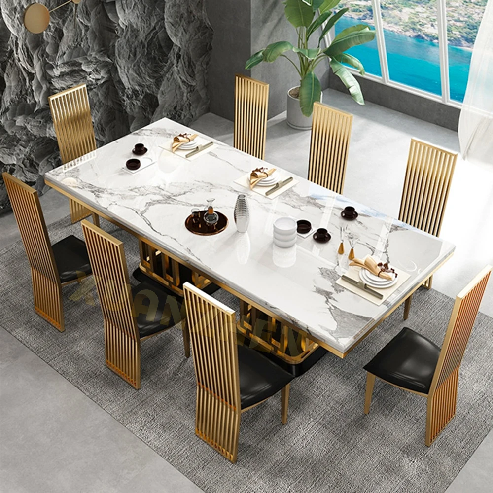 Dining room furniture marble top classical luxury table gold stainless steel dining table set modern dining tables DT103
