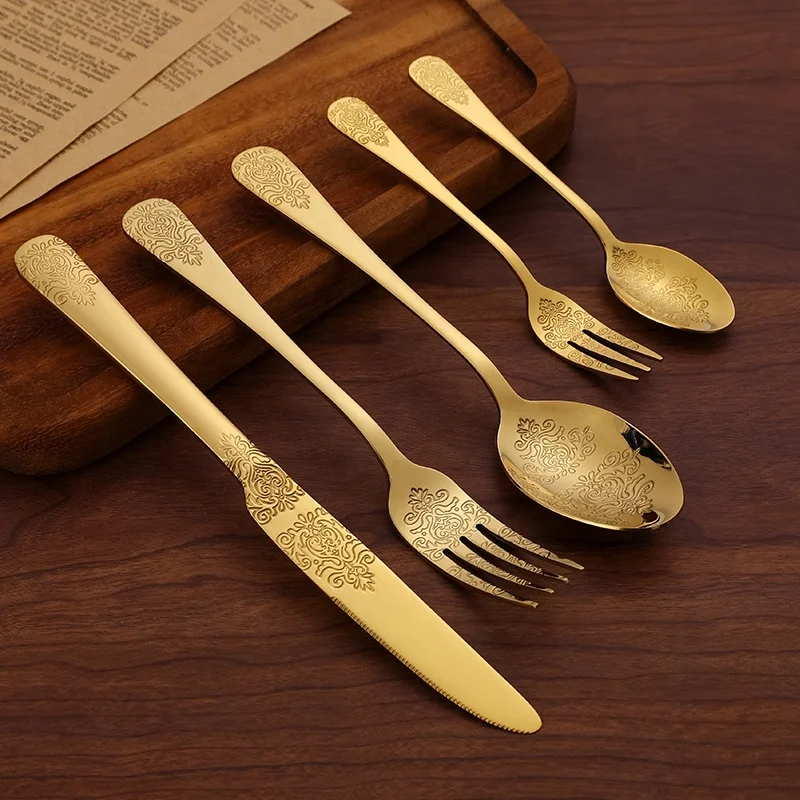 Zara Home Products Carving Golden Knife Fork Spoon Engraving 5Pcs Luxury Gold Silverware Set