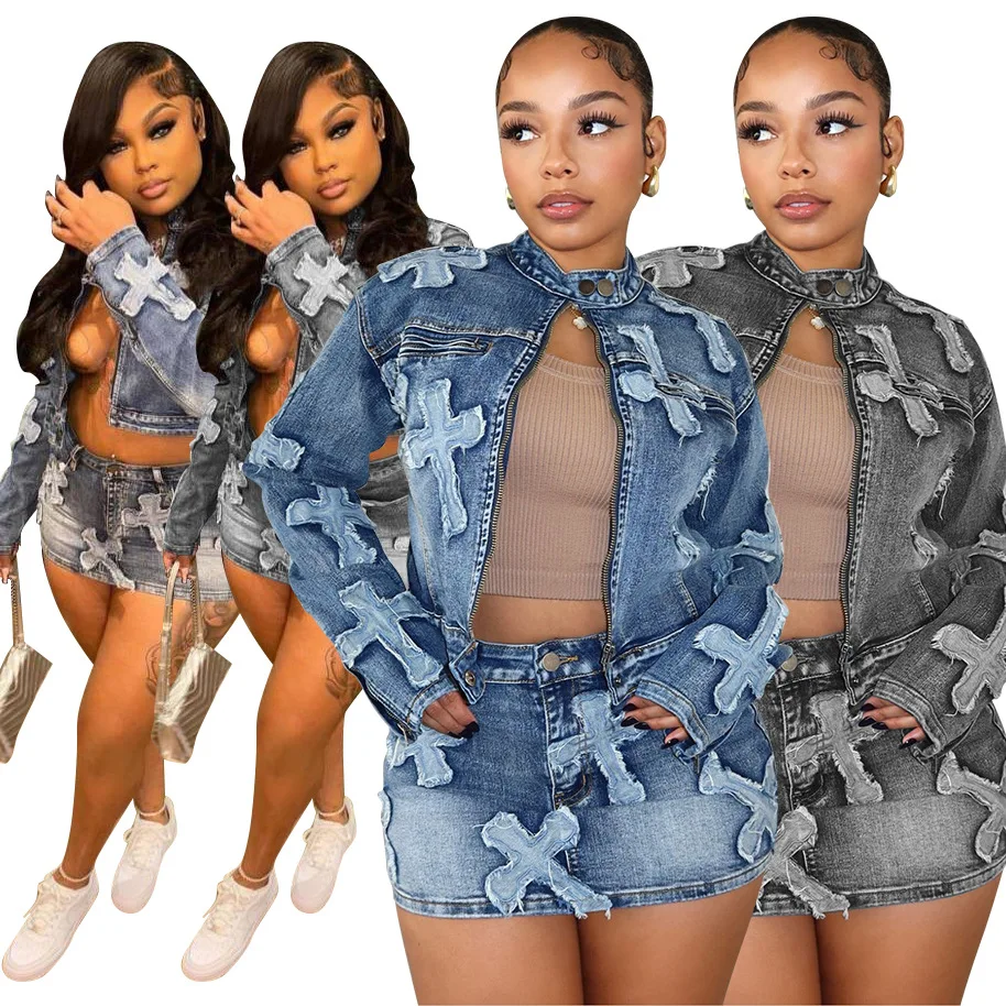 S-2XL Denim Jeans Jacket Skirts Set Two Pieces Denim Cross Skirt Set with Jacket Ready to Ship 2024 Trendy for Women Embroidered