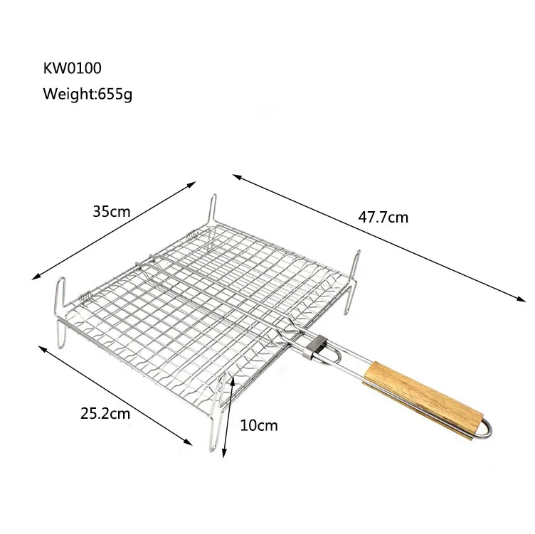 Large BBQ Grilling Basket with Wooden Handle Stainless Steel Grill Net Rack Barbecue Mesh for All Charcoal Gas Grill