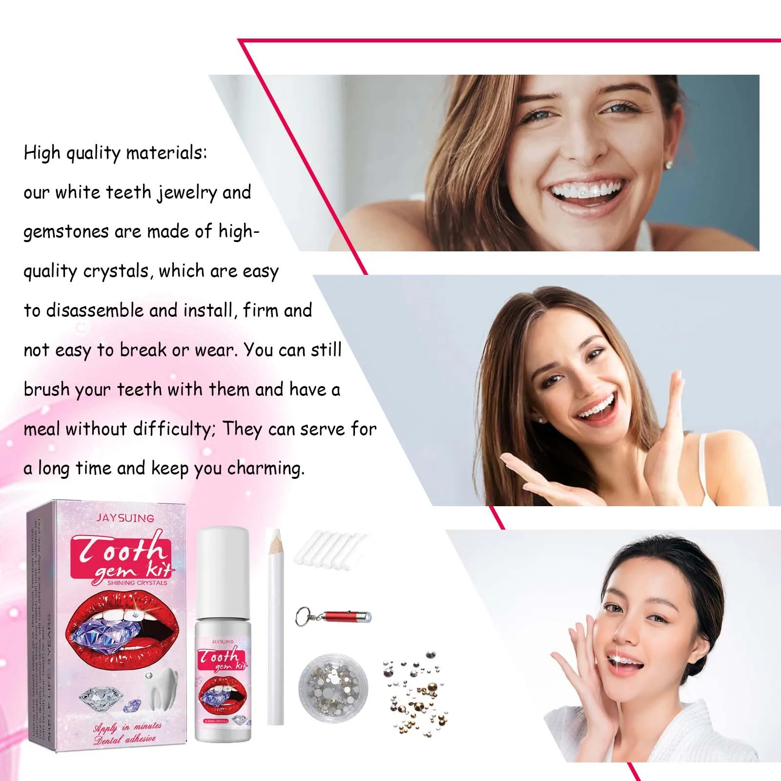 Jaysuing Tooth Gem Kit Tooth Embellish Glitter Stick Spice accessories Easy to remove easy to install Crystal dental drill