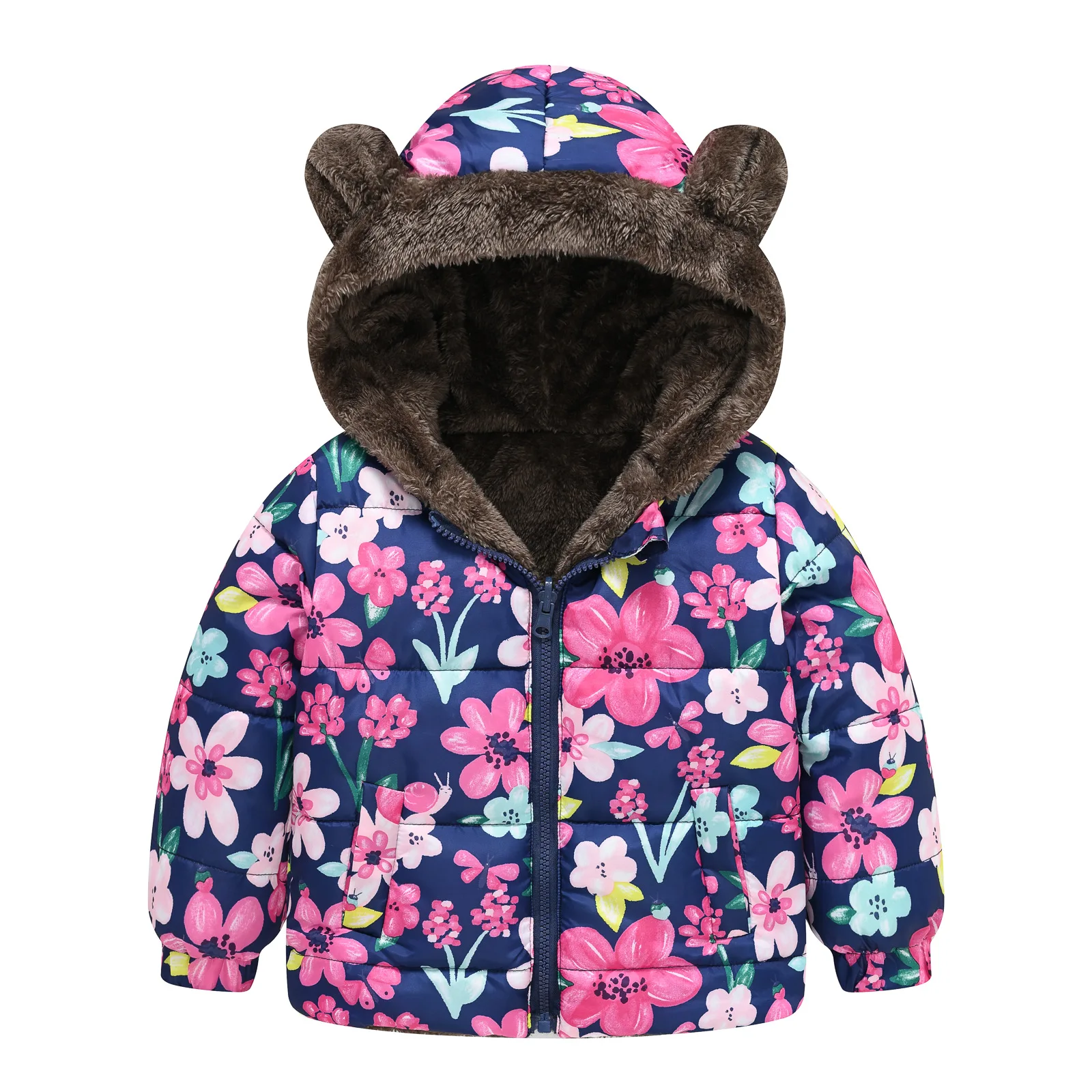 New Autumn And Winter Multi Colored Printed Long Haired Hooded Cotton Jacket For Boys And Girls, Double-sided Wearing