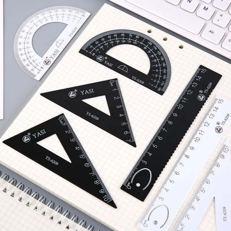 YS6209 metal ruler A# white B# black metal student metal ruler straight ruler triangle protractor four sets