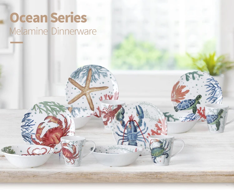 China Factory Ready Stock Melamine Tableware Set For Restaurant, 10 Inches Round Melamine Dinner Set Ocean Coral Design