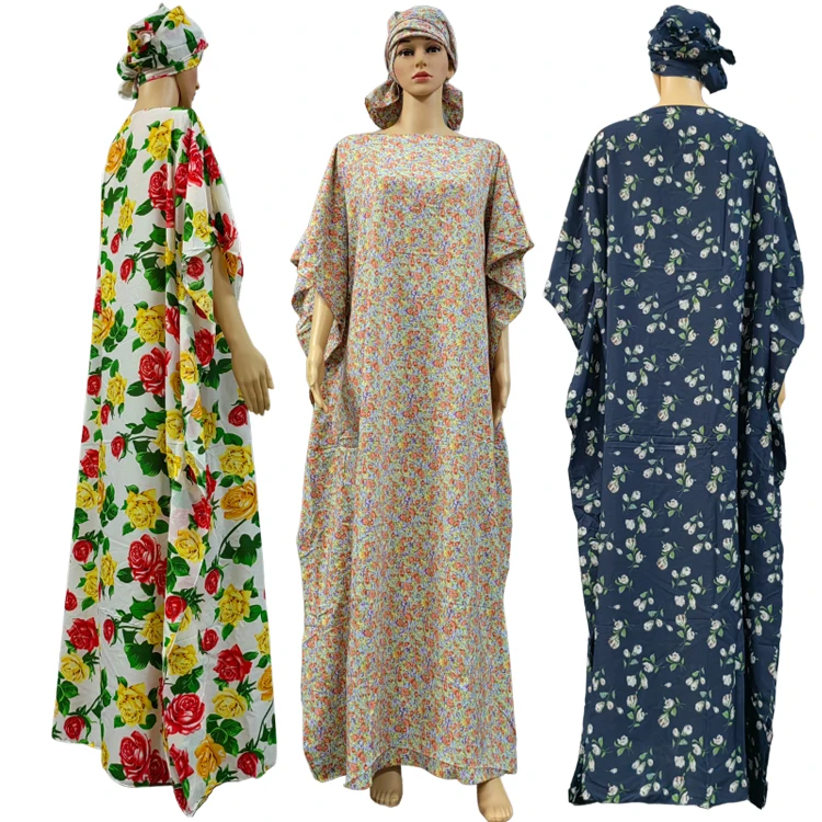 2023 New Muslim Dress African Women Abaya Dashiki Dress Floral Printed Short Sleeve Polyester Cotton Loose Dress with Scarf