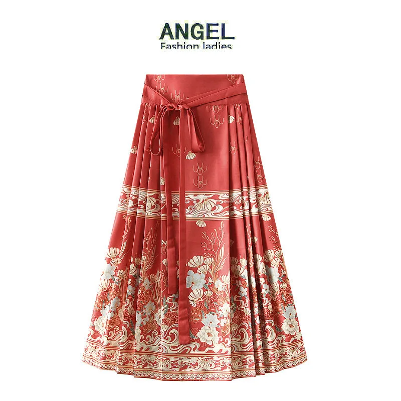 Vintage Chinese Style Women Pleated Skirt Traditional Hanfu Inspired Horse Face Skirt New  Printed Long Skirt for Women
