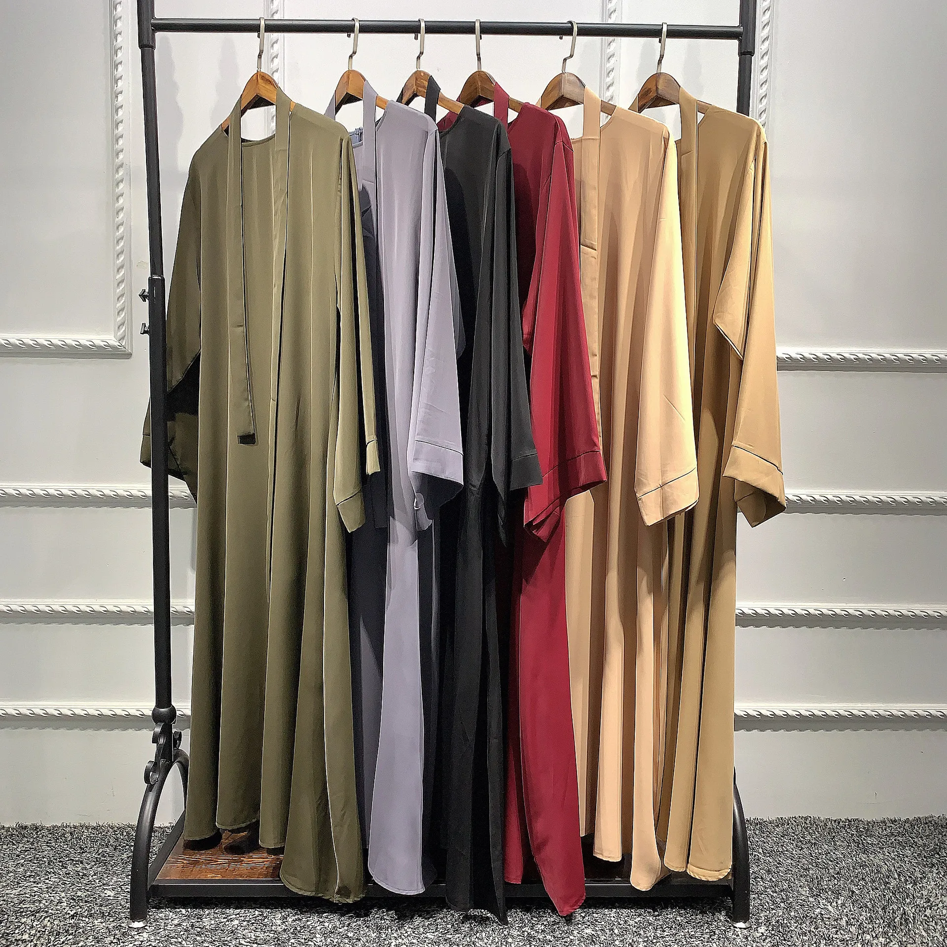 Solid Color Islamic Clothing Crew Neck Turkish Kaftan Dubai Abaya Long Maxi Women Muslim Dress With Belt