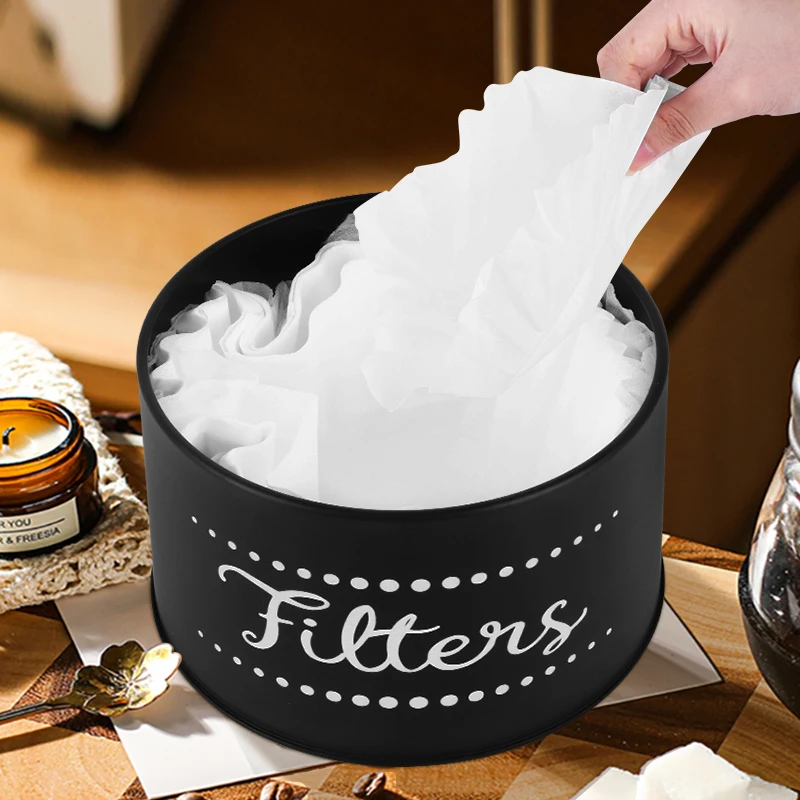 Galvanized Iron Black Coffee Filter Basket Coffee Filters Holder Storage Dispenser for Counter Bar Round Coffee Filter Container