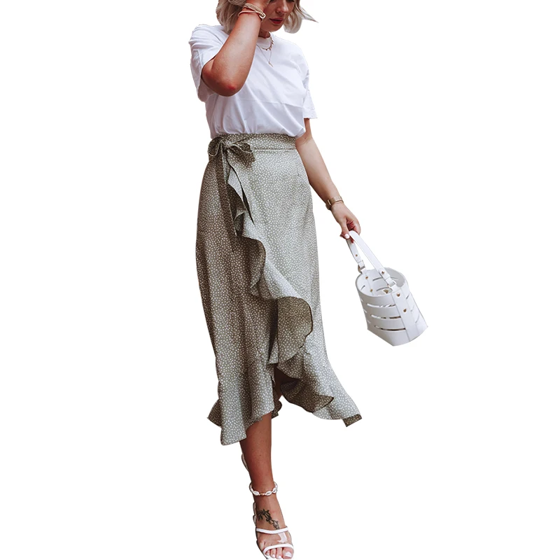 2019 New Design Green Polka Dot Ruffle Wrap Long Skirt