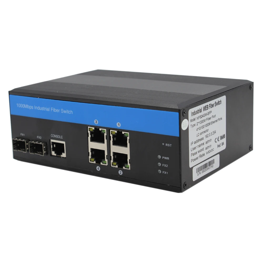 10/100/1000Mbps 2 * SFP port and 4 * RJ45 port Managed Industrial Grade Switch DC10~12V optical ethernet switch