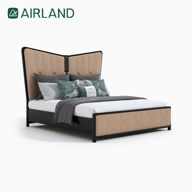 Simple bed frame comfortable modern bedroom furniture soft genuine leather double bed