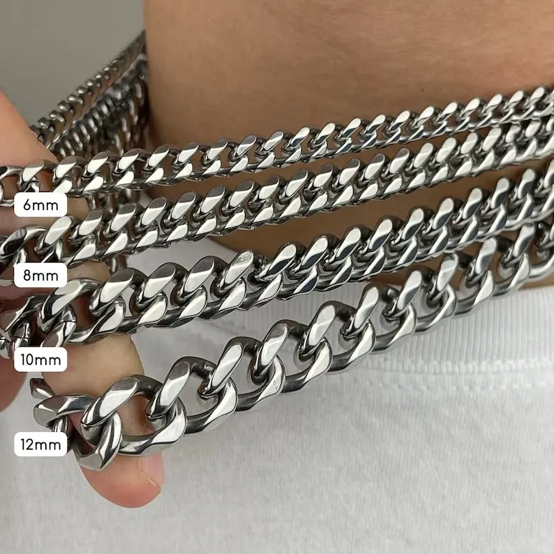 Wholesale Custom Silver 4mm-12mm Miami Cuban Link Necklace Polished Stainless Steel Curb Chunky Chain Jewelry  For Men Women