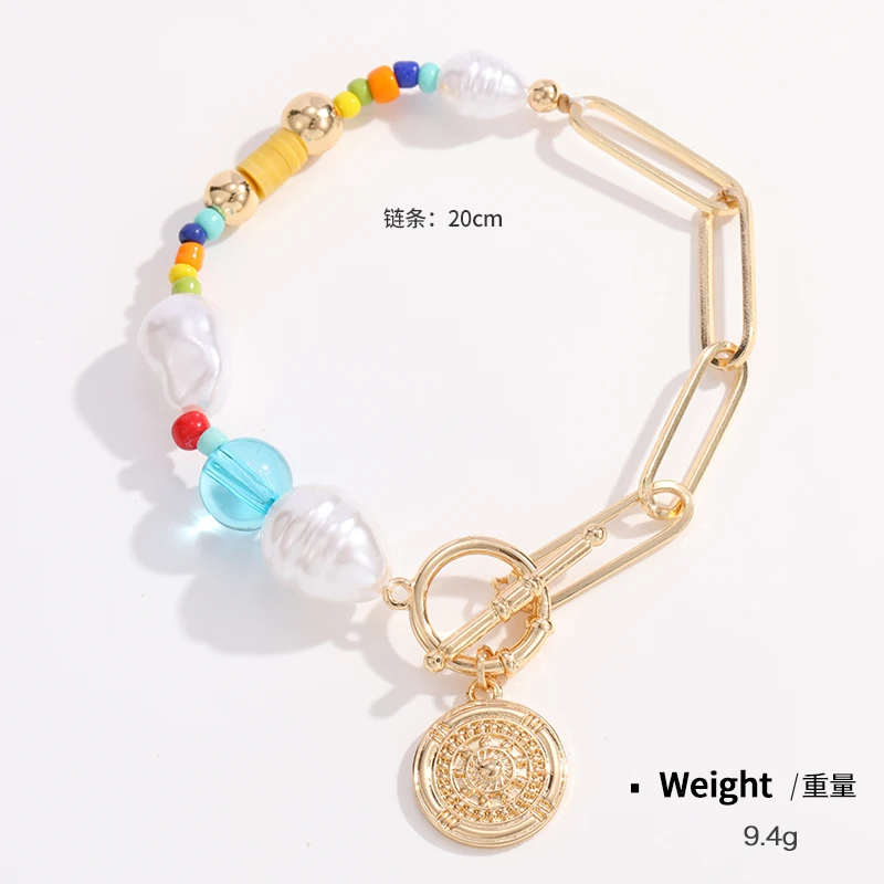 2022 Spring Summer Paper clip Chain Pearl Necklace Drop Pendant Earring Bracelet Set Seed Beads Pendant Gold jewelry set