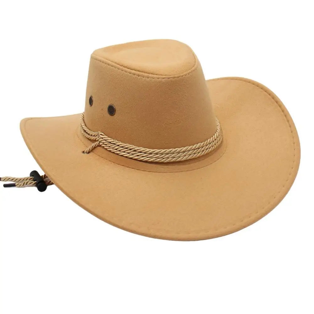 Hot Selling Vintage Unisex Windproof Rope Hat Women Men Beach Sunhat Western Cowboy Wide Brim Hats