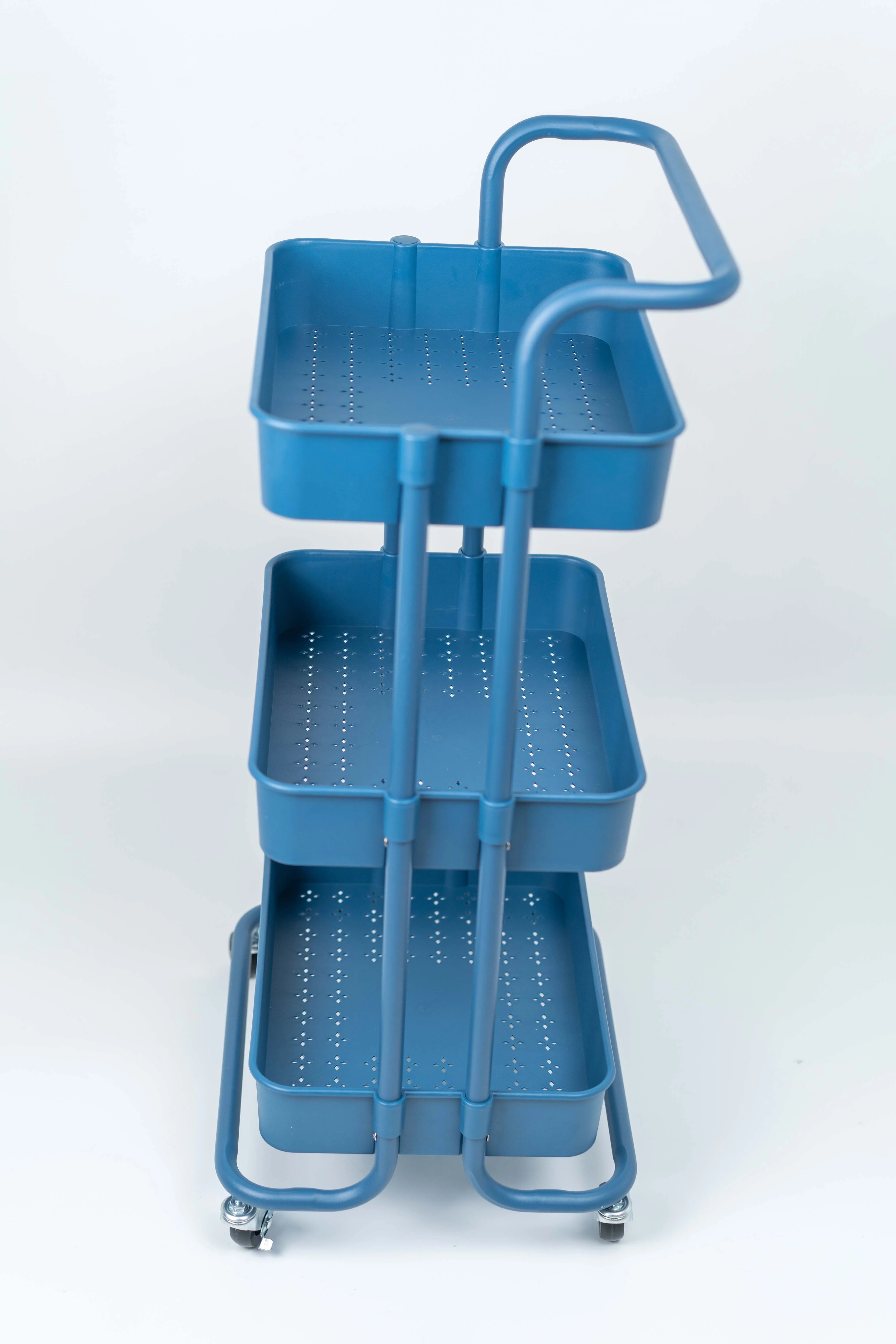 
3 Tier Rolling Trolley Dark Blue ABS Basket Organizer Shelves Kitchen Bathroom Storage Cart 