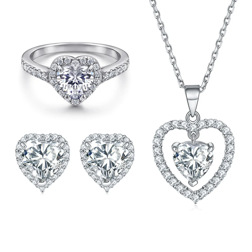 Wedding S925 Sterling Silver Heart Ring Necklace Earrings Jewelry Sets For Women