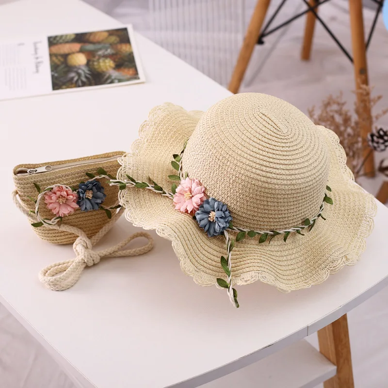 2024 New arrival Fashion Baby Straw Caps Children Summer Beach Straw Bag Straw Hat 2Pcs/Set