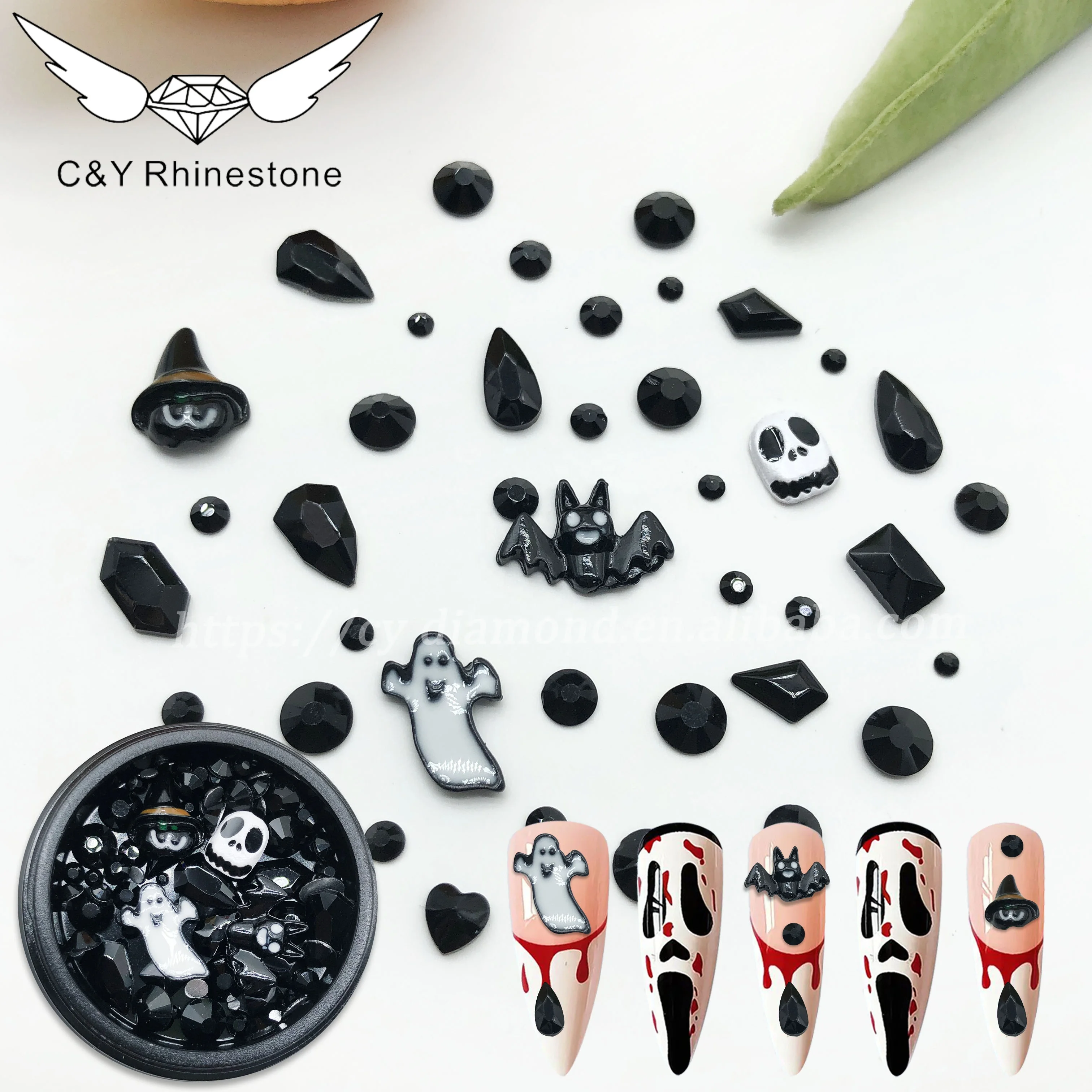 CY Halloween 3D Sliver Gold Metal Nail Design Accessories Skull Hand Nail Art Rhinestone
