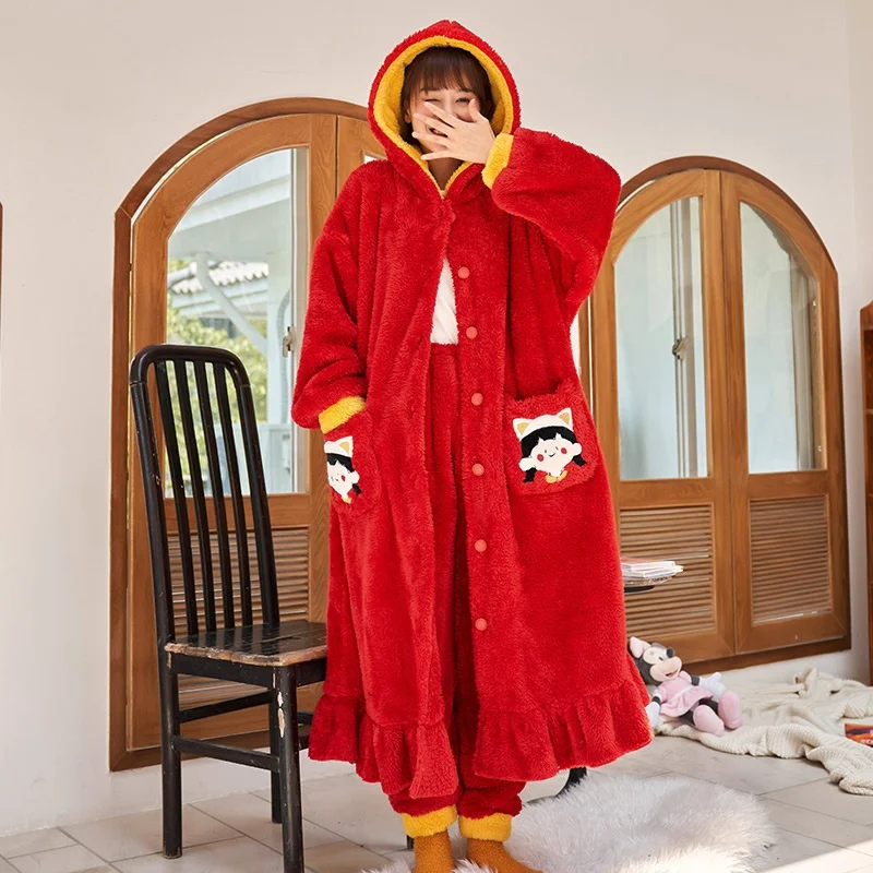 
Wholesale women winter 2 pieces pajamas robe and pants set with customized logo 