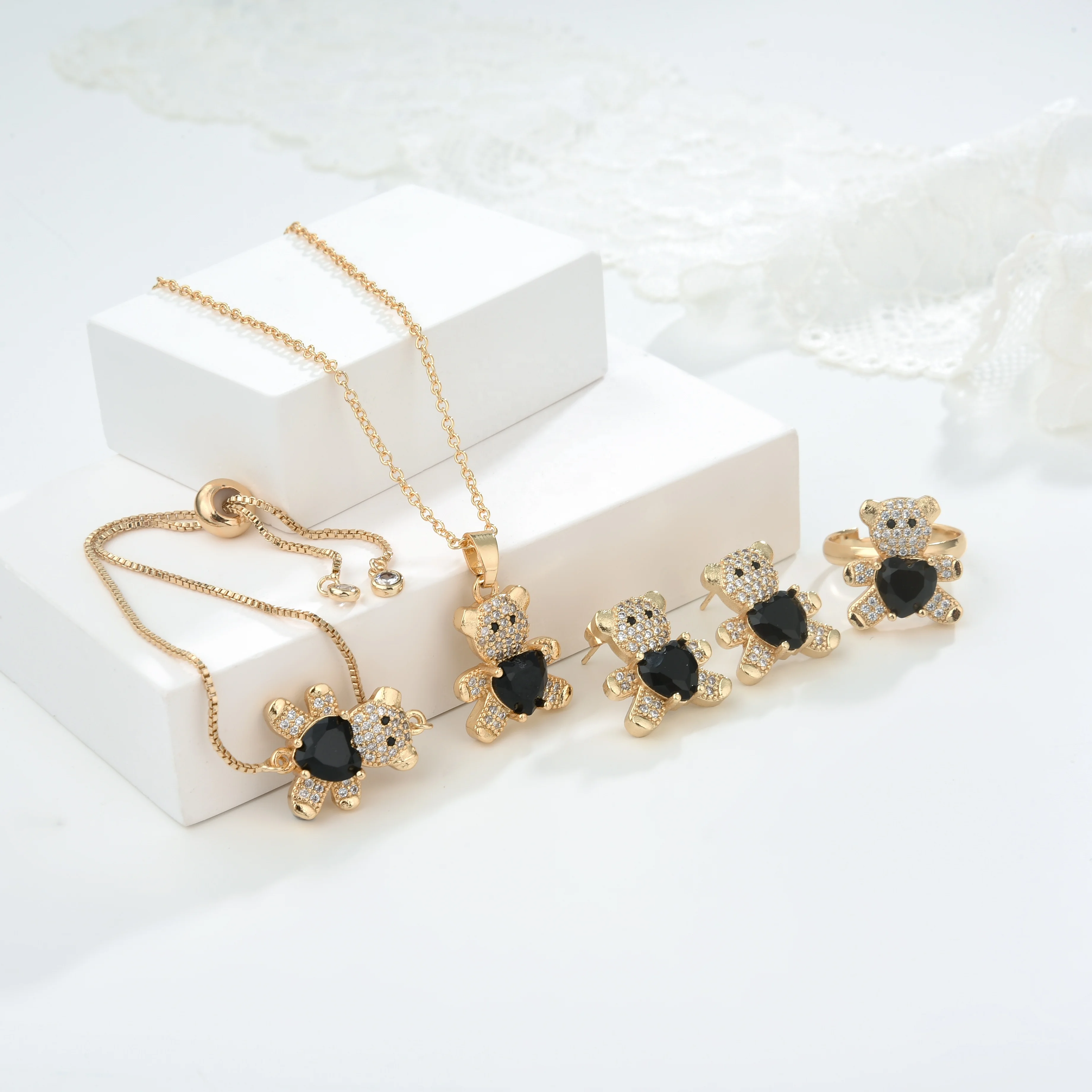 Elfic Cute Jewelry Sets Necklace&Rings&Bracelets&earrings Bear jewelry Animal Stud earrings Conjuntos Oro Laminado Gold Plated