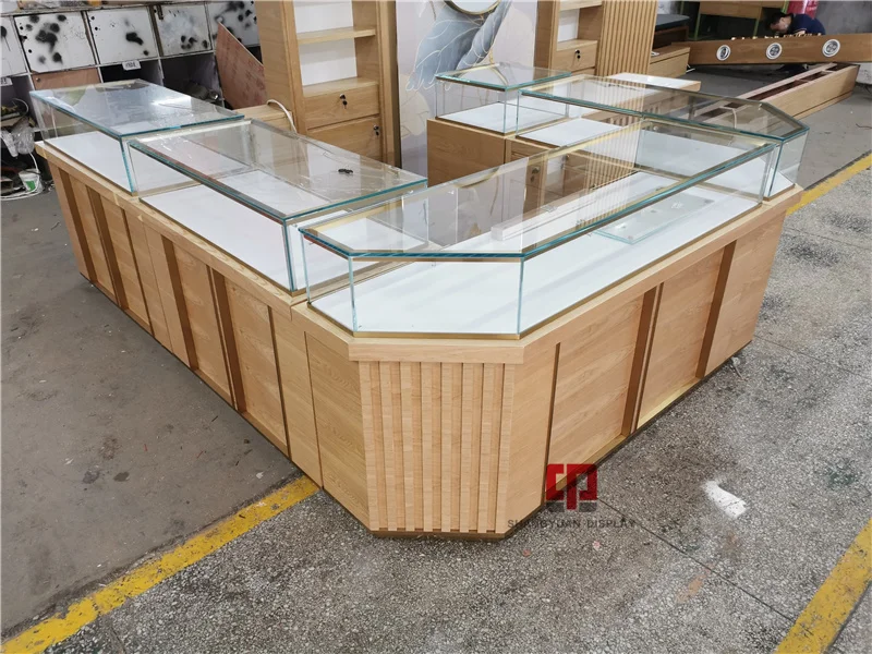 Chinese Style Jade Jewelry Kiosk High-End Wooden Glass Showcase Wood Grain Finish Jewelry Display Counter Customization