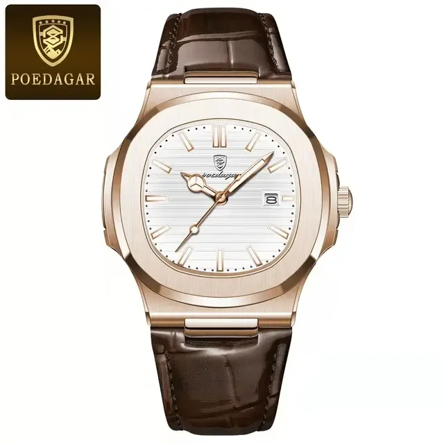 POEDAGAR 613 Leather Strap Mens New Luxury Fashion Watch Luminous Waterproof Quartz Watches with Date