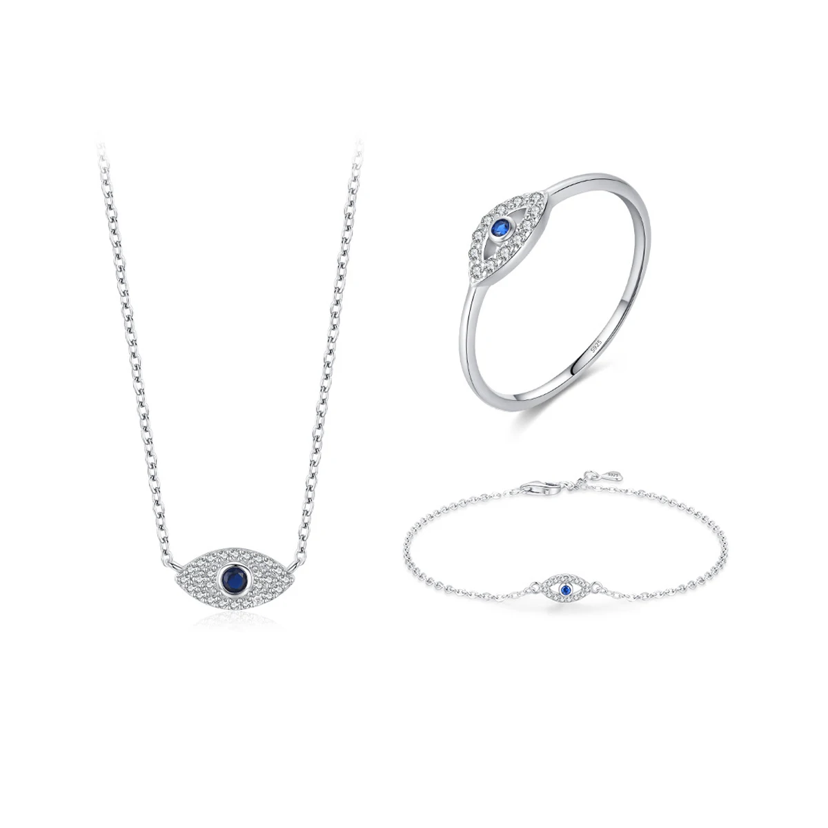 Fine Silver 925 Wholesale Turkey Evil Eyes Design Three Pendant Necklace Bracelet Ring Jewelry Sets For Women Girl Finger Gift