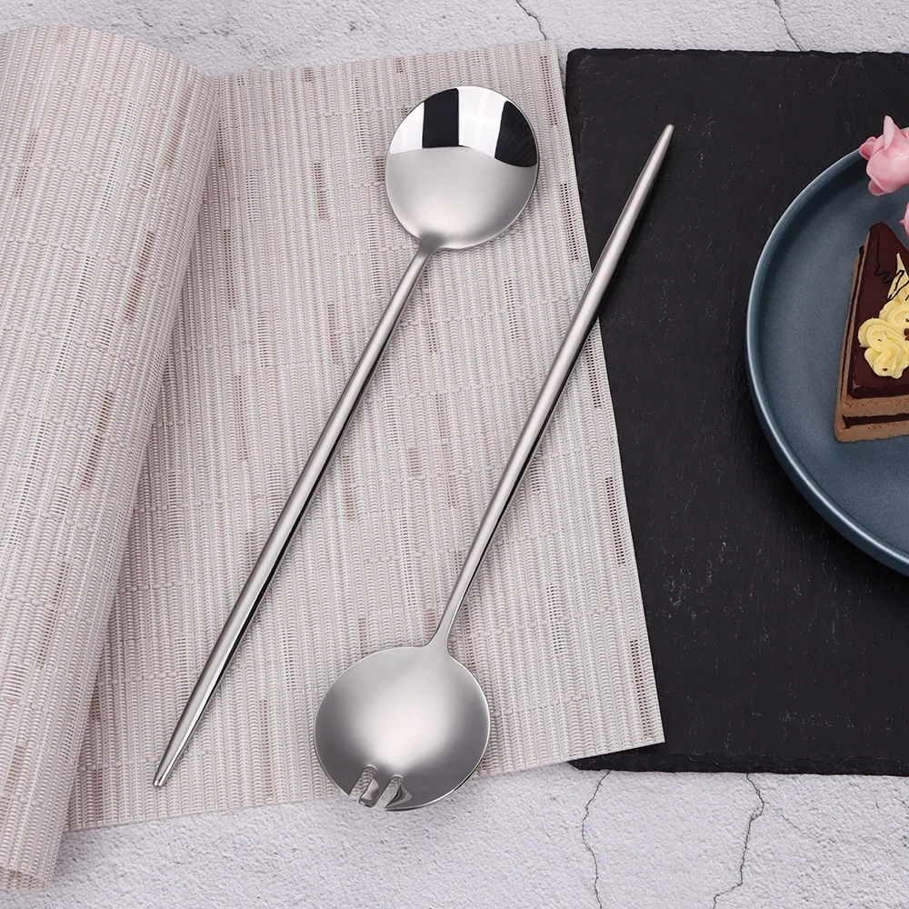 luxury glossy gold long handle salad serving spoon and fork 18-10 stainless stainless durable salad mixing utensil cutlery set