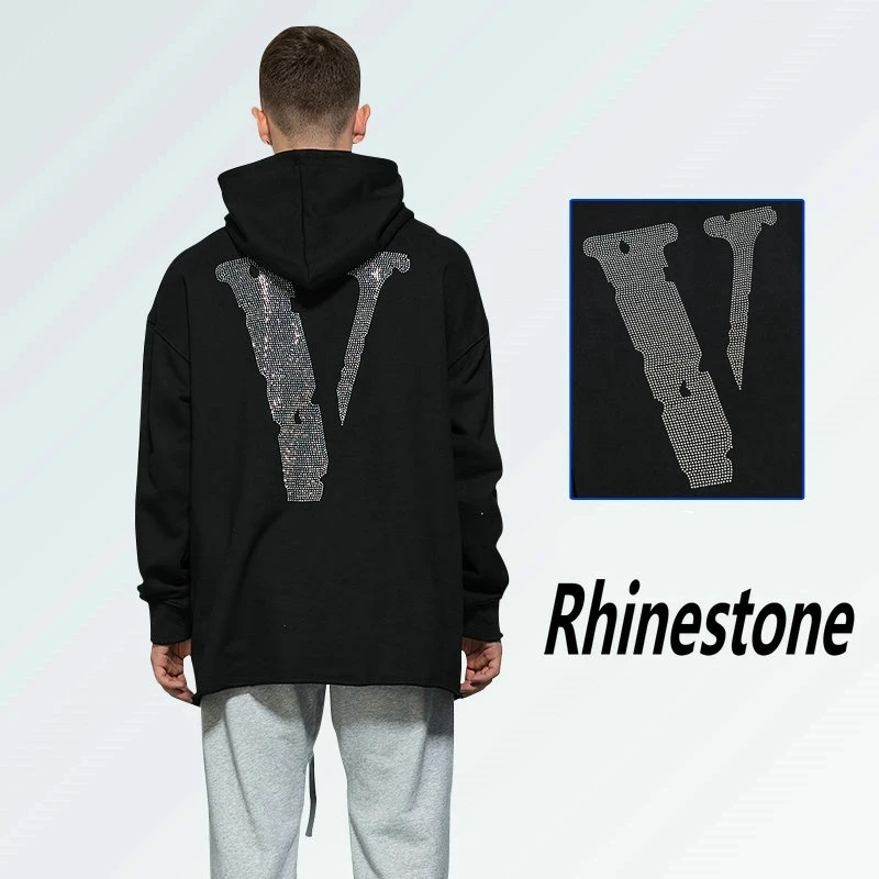 Men 80 cotton 20 polyester  hoodies Vlones fleece drop shoulder rhinestone custom hoodie for men