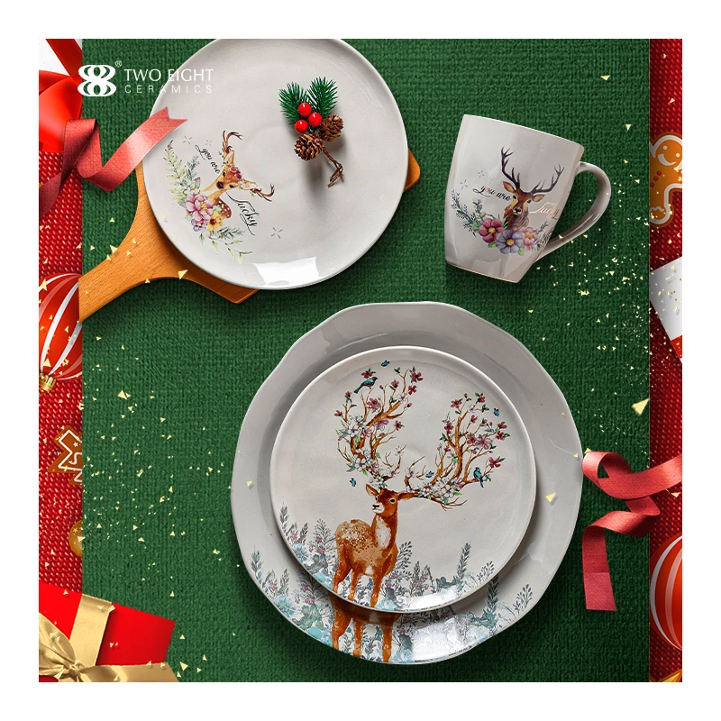 Modern Christmas Custom Dessert Ceramic Dinner Bowl Plate Dish Set Opal Glassware Royal Bone China Porcelain Set Dinnerware Sets