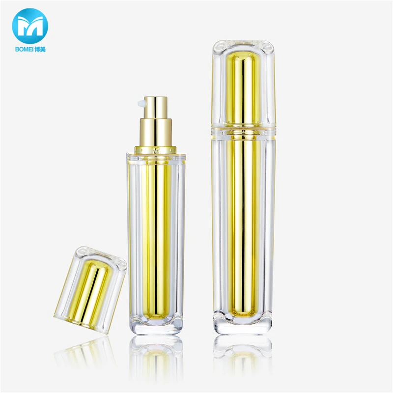 Double wall square gold acrylic cosmetics container plastic lotion bottle 100ml and cream jar