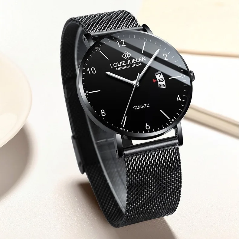 LOUIE JUELEN 8012 модные ультратонкие кожаные часы мужские повседневные кварцевые наручные со стальным сетчатым ремешком