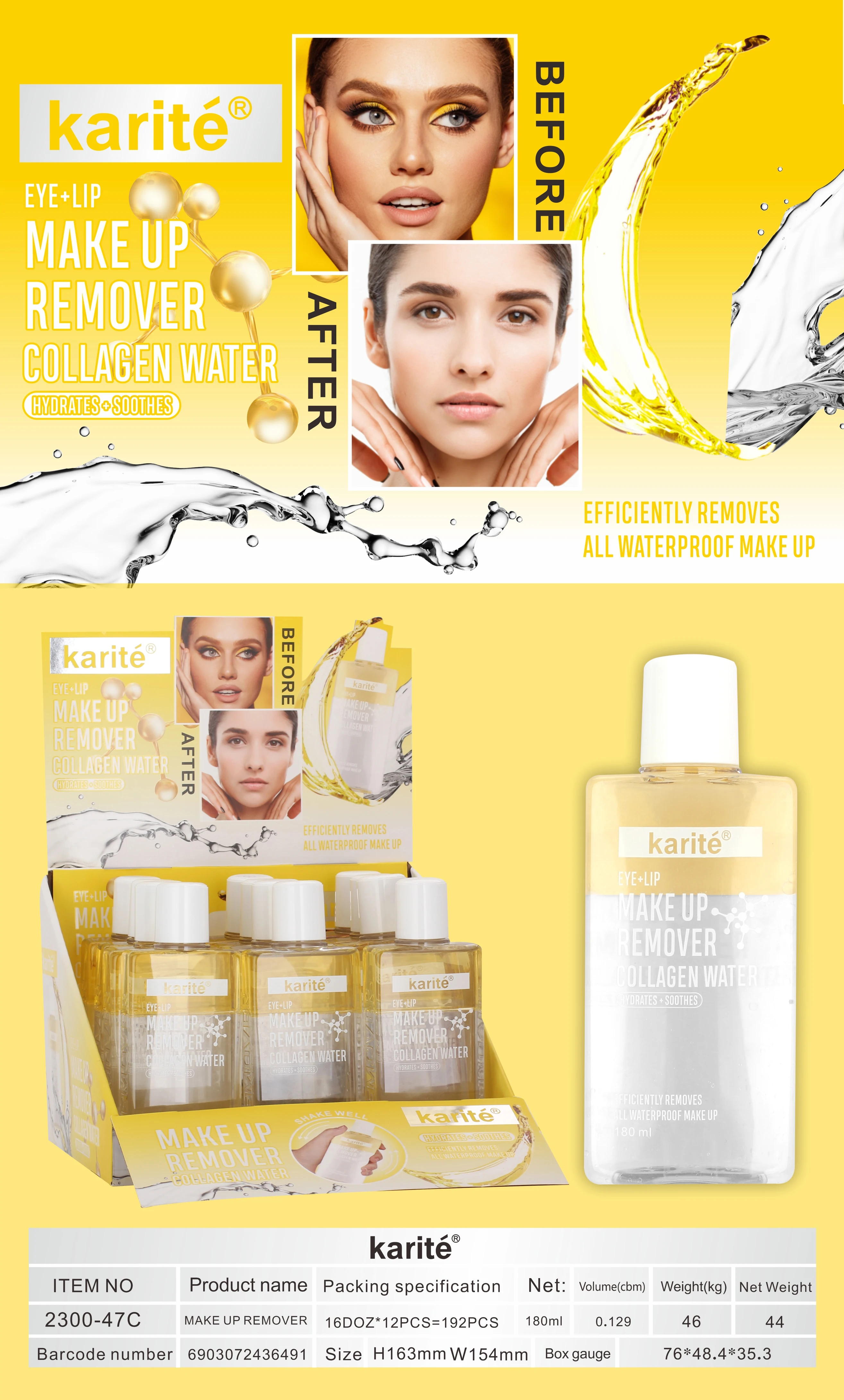 Karite Make up Cleanser Cosmetic facial micellar water Face Makeup Cleansing Smoothing Makeup Remover