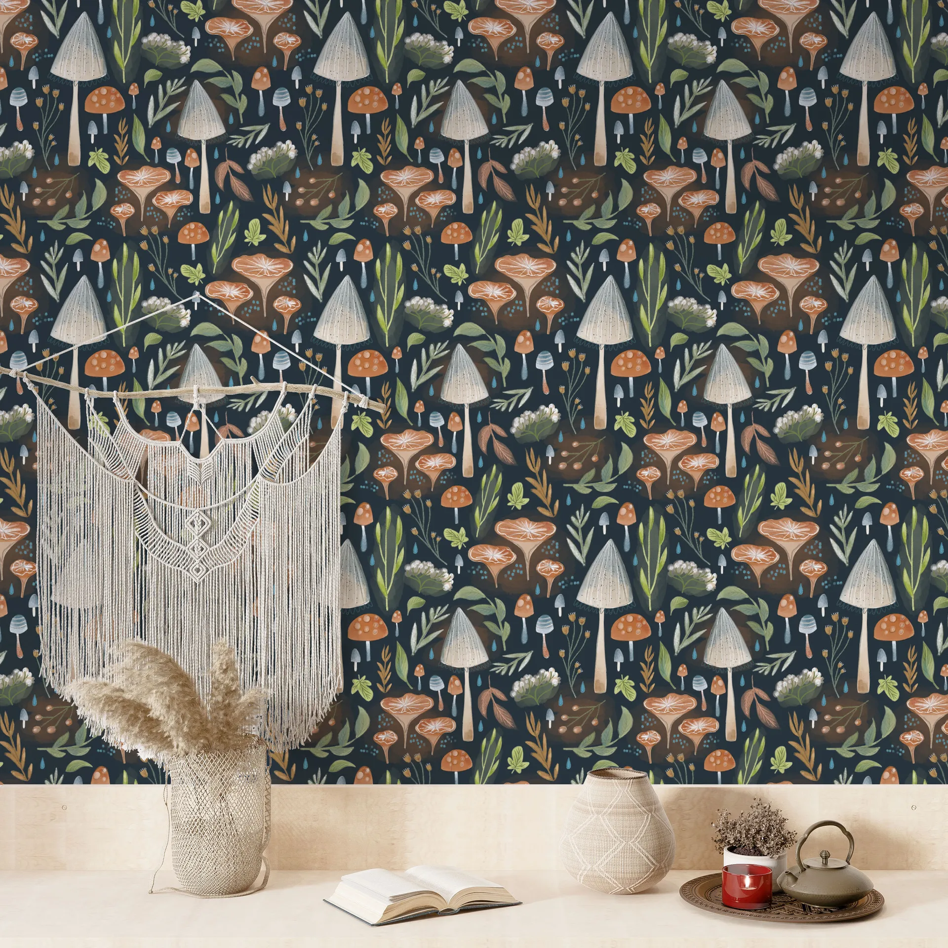 Watercolor magic forest mushroom self-adhesive wallpaper colorful hand painted plant decoration transformation wallpaper