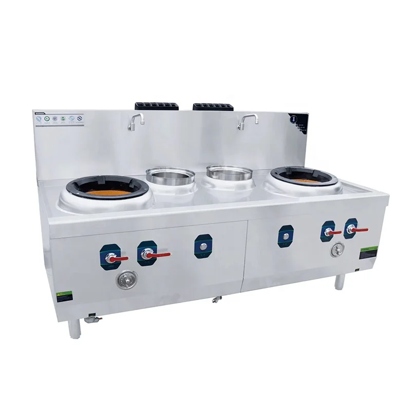 Stainless Steel Restaurant Equipment Kitchen Wok Gas Stove Double Burner With Blue Flame