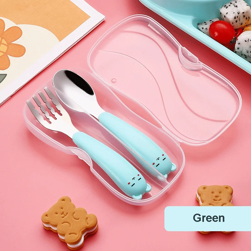 High Quality Toddlers Utensils Cute Cartoon Handle Stainless Steel 304 Safe Baby Spoon and Fork with Case Kids Cutlery Set