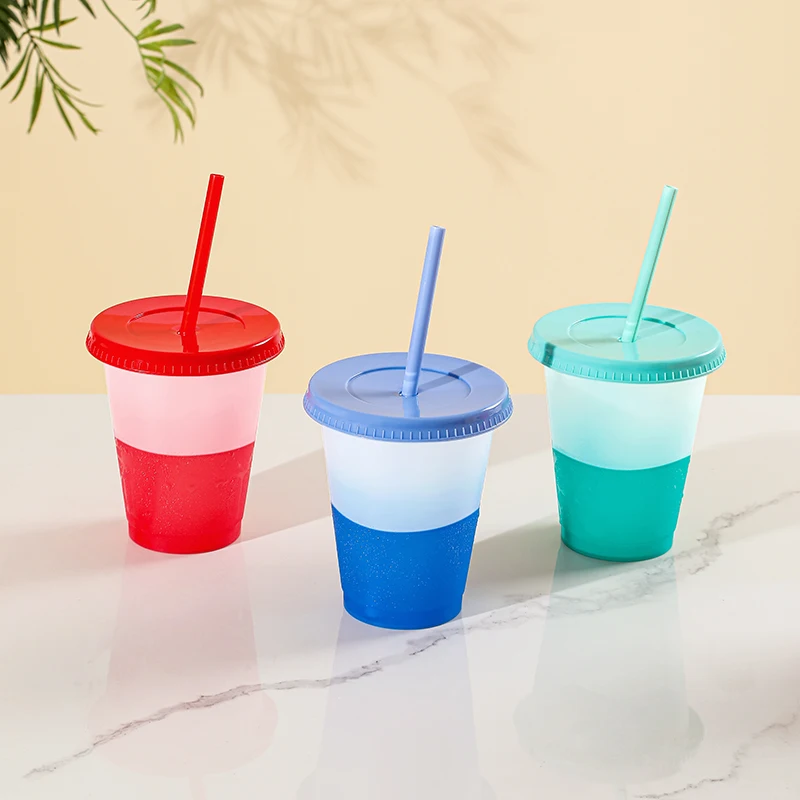 16oz Small Cute Reusable Plastic Travel Cups Coffee Tumbler Ice Cold Water Color Changing Cup With Lids and Straws