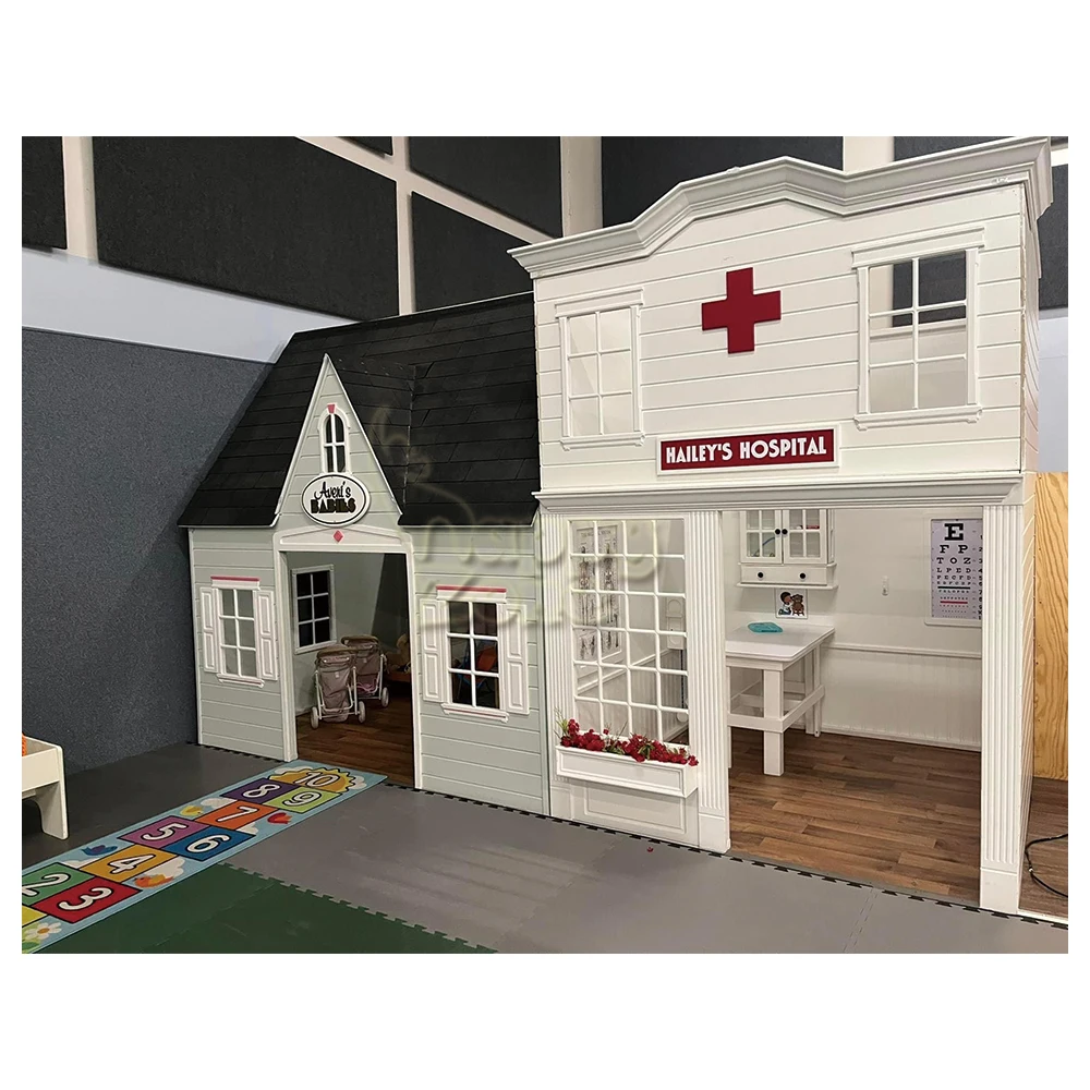 Wholesale Customized Wooden Role Play Gas Station Hospital Kitchen for Toddler Soft Kids Auto Repair shop for Indoor Playground